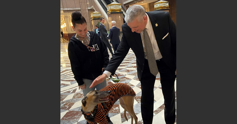 Michelle Torello and her greyhound Tora visited with Representative Bill Pizzuto.